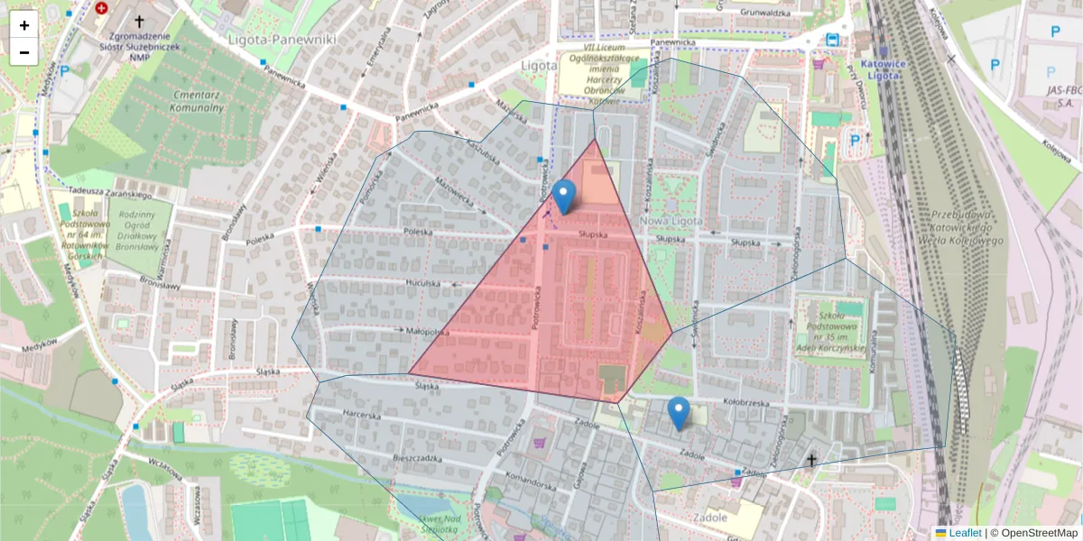 Szczegółowa mapa kodu pocztowego 40-715 z granicami, sąsiednimi kodami pocztowymi i urzędami pocztowymi