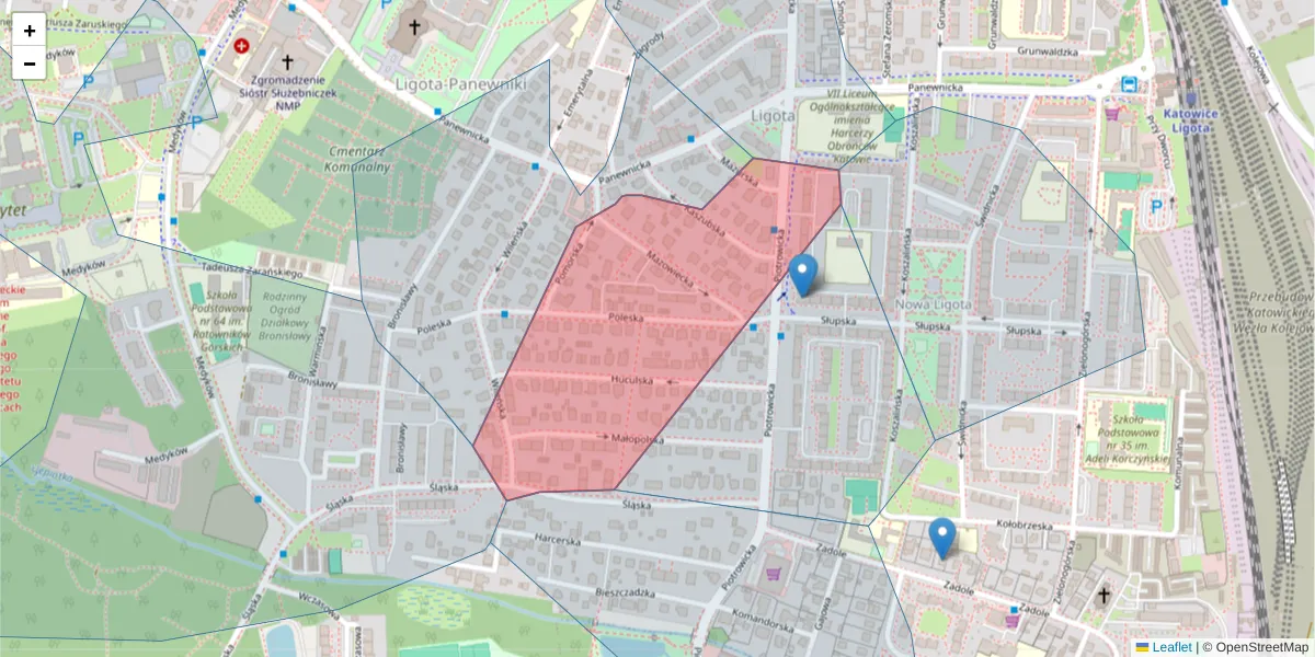 Szczegółowa mapa kodu pocztowego 40-732 z granicami, sąsiednimi kodami pocztowymi i urzędami pocztowymi