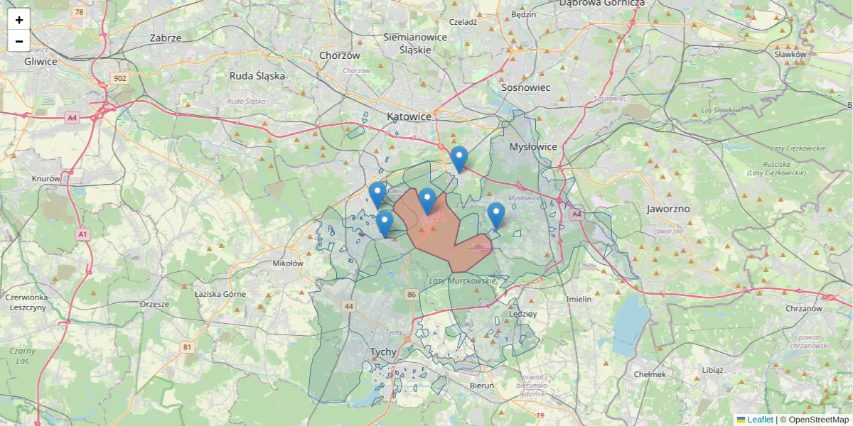Szczegółowa mapa kodu pocztowego 40-749 z granicami, sąsiednimi kodami pocztowymi i urzędami pocztowymi