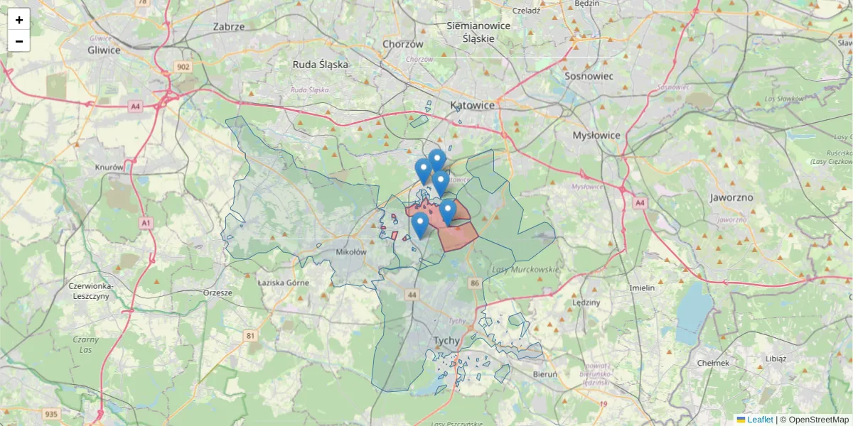 Szczegółowa mapa kodu pocztowego 40-750 z granicami, sąsiednimi kodami pocztowymi i urzędami pocztowymi
