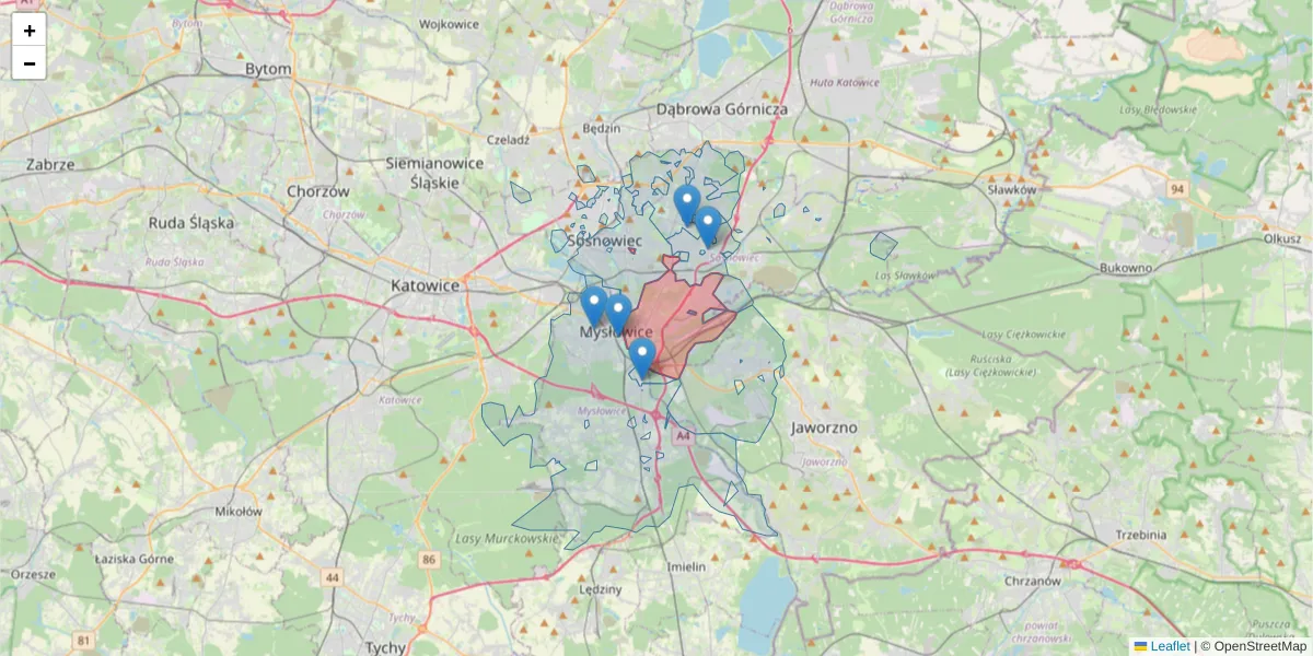 Szczegółowa mapa kodu pocztowego 41-208 z granicami, sąsiednimi kodami pocztowymi i urzędami pocztowymi