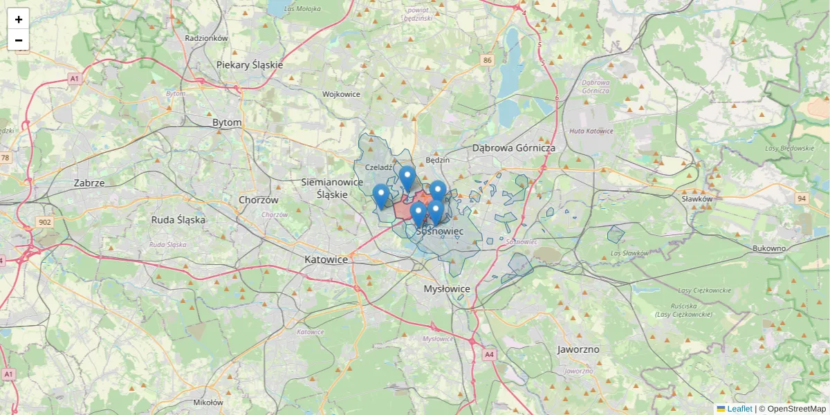 Szczegółowa mapa kodu pocztowego 41-214 z granicami, sąsiednimi kodami pocztowymi i urzędami pocztowymi