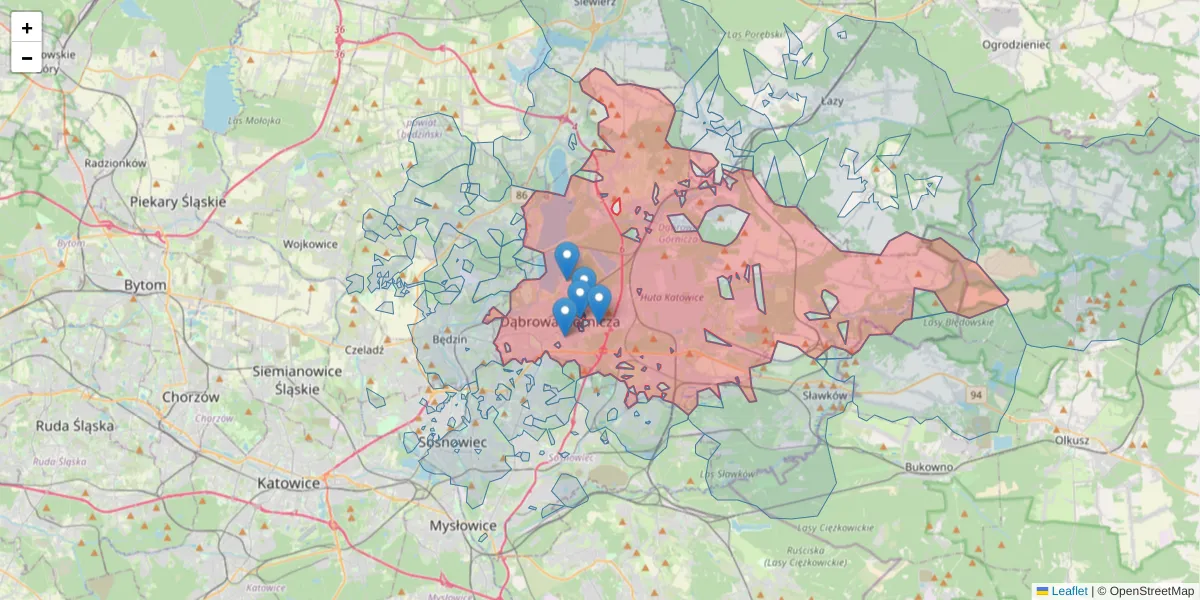 Szczegółowa mapa kodu pocztowego 41-300 z granicami, sąsiednimi kodami pocztowymi i urzędami pocztowymi