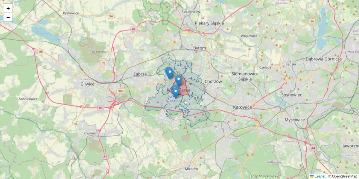 Szczegółowa mapa kodu pocztowego 41-709 z granicami, sąsiednimi kodami pocztowymi i urzędami pocztowymi