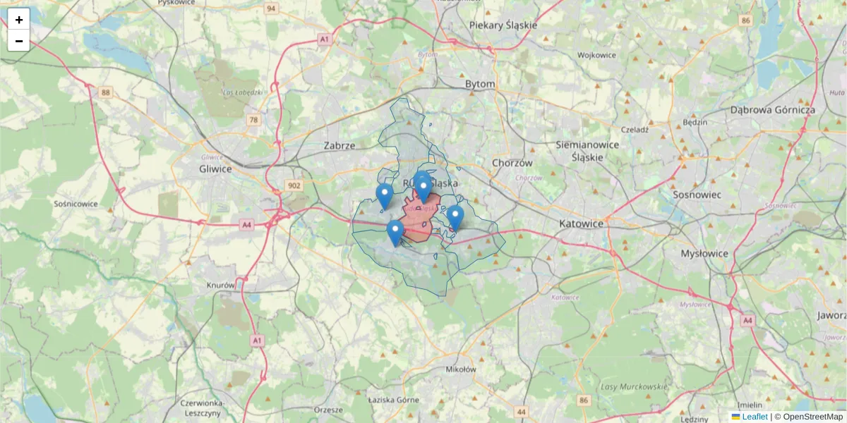 Szczegółowa mapa kodu pocztowego 41-710 z granicami, sąsiednimi kodami pocztowymi i urzędami pocztowymi