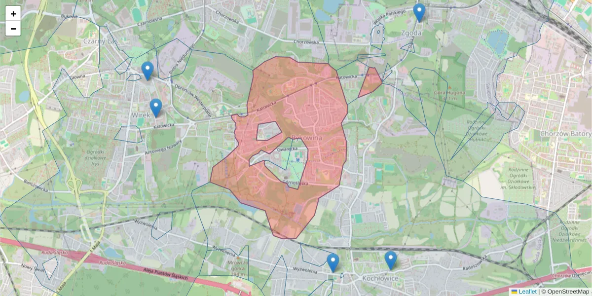 Szczegółowa mapa kodu pocztowego 41-717 z granicami, sąsiednimi kodami pocztowymi i urzędami pocztowymi