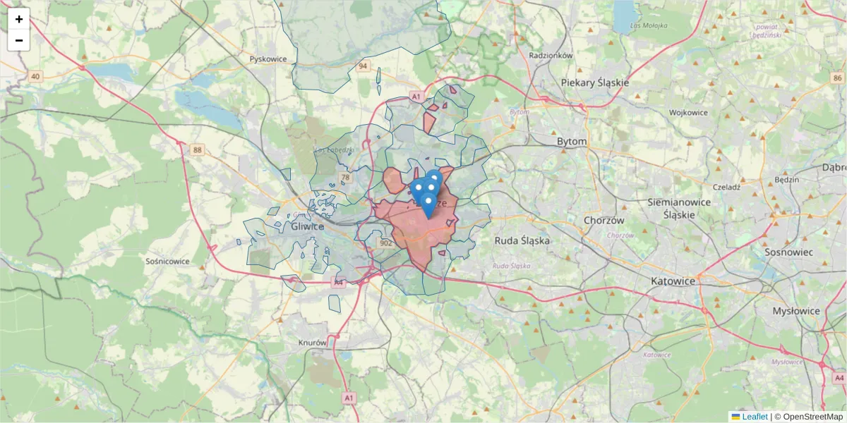 Szczegółowa mapa kodu pocztowego 41-800 z granicami, sąsiednimi kodami pocztowymi i urzędami pocztowymi