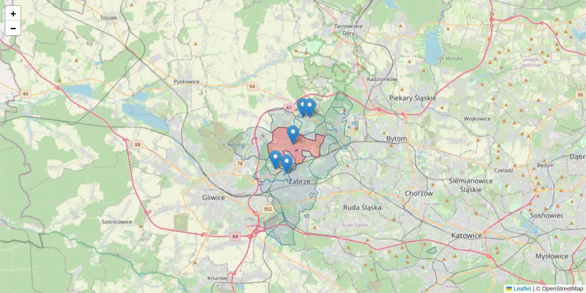 Szczegółowa mapa kodu pocztowego 41-807 z granicami, sąsiednimi kodami pocztowymi i urzędami pocztowymi