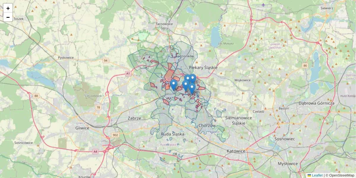 Szczegółowa mapa kodu pocztowego 41-900 z granicami, sąsiednimi kodami pocztowymi i urzędami pocztowymi