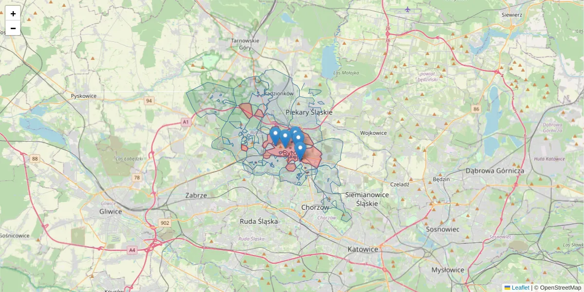 Szczegółowa mapa kodu pocztowego 41-902 z granicami, sąsiednimi kodami pocztowymi i urzędami pocztowymi