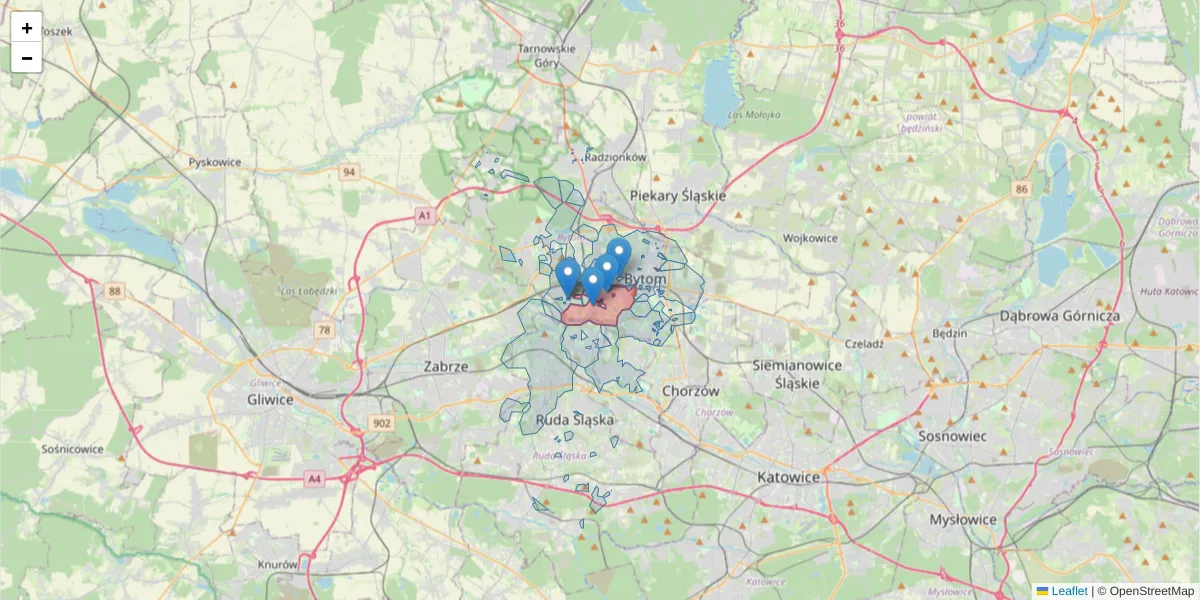 Szczegółowa mapa kodu pocztowego 41-907 z granicami, sąsiednimi kodami pocztowymi i urzędami pocztowymi