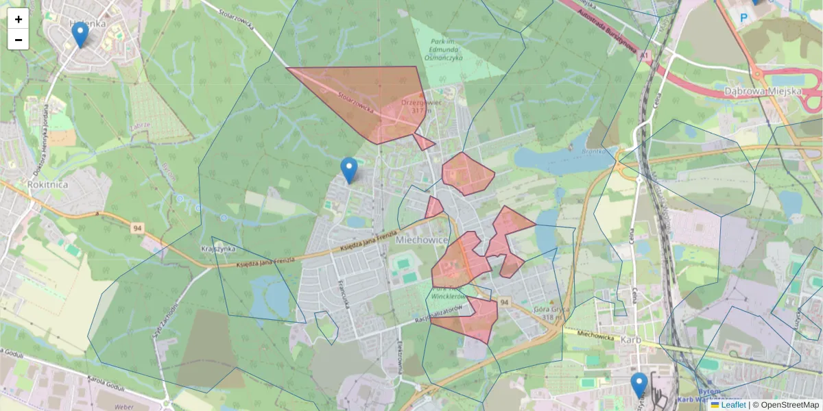 Szczegółowa mapa kodu pocztowego 41-908 z granicami, sąsiednimi kodami pocztowymi i urzędami pocztowymi