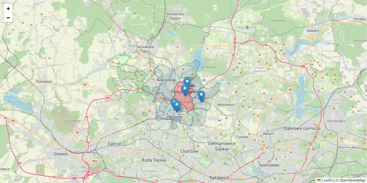 Szczegółowa mapa kodu pocztowego 41-940 z granicami, sąsiednimi kodami pocztowymi i urzędami pocztowymi