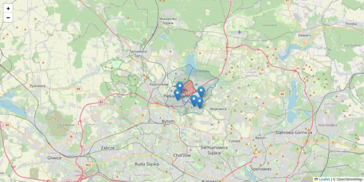 Szczegółowa mapa kodu pocztowego 41-943 z granicami, sąsiednimi kodami pocztowymi i urzędami pocztowymi