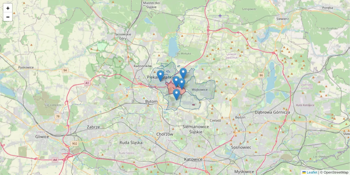 Szczegółowa mapa kodu pocztowego 41-949 z granicami, sąsiednimi kodami pocztowymi i urzędami pocztowymi