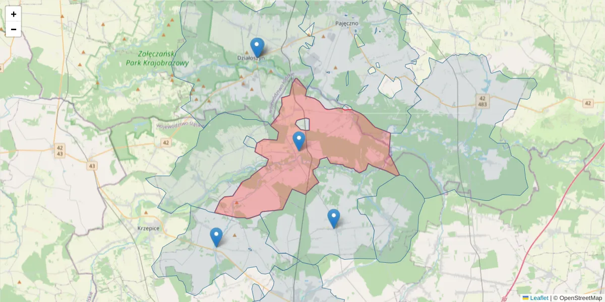 Szczegółowa mapa kodu pocztowego 42-110 z granicami, sąsiednimi kodami pocztowymi i urzędami pocztowymi