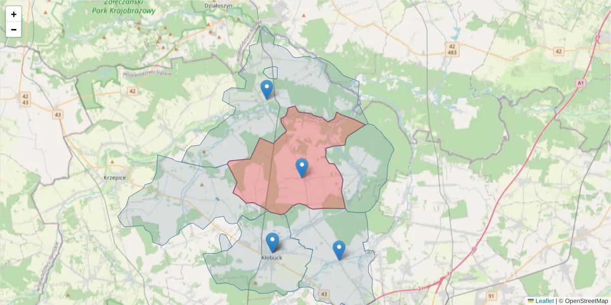 Szczegółowa mapa kodu pocztowego 42-120 z granicami, sąsiednimi kodami pocztowymi i urzędami pocztowymi