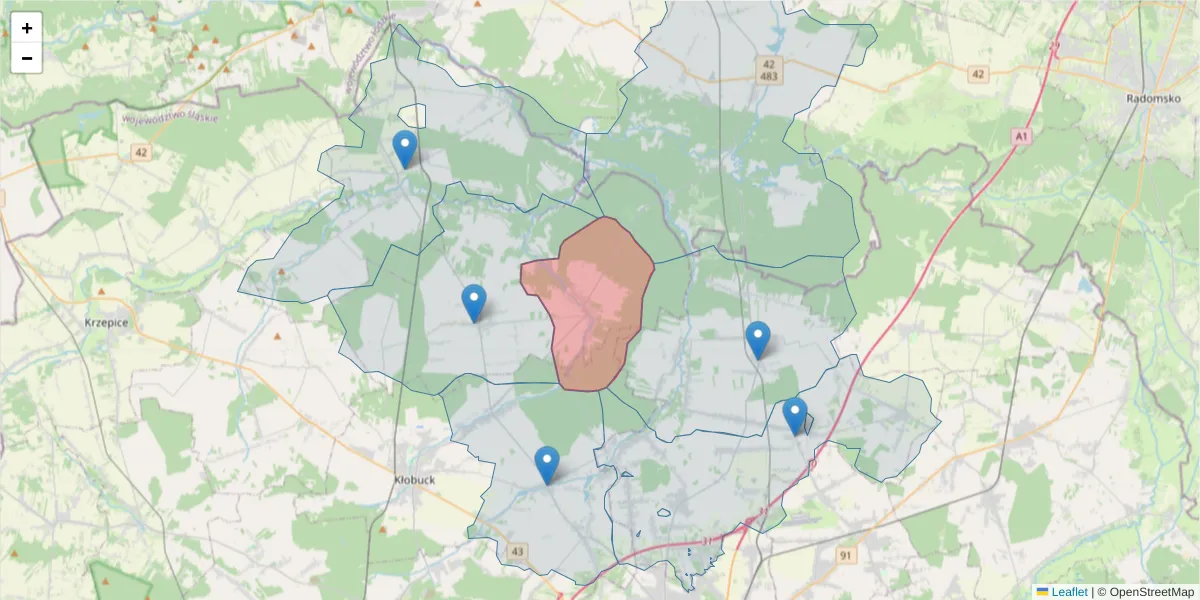 Szczegółowa mapa kodu pocztowego 42-122 z granicami, sąsiednimi kodami pocztowymi i urzędami pocztowymi