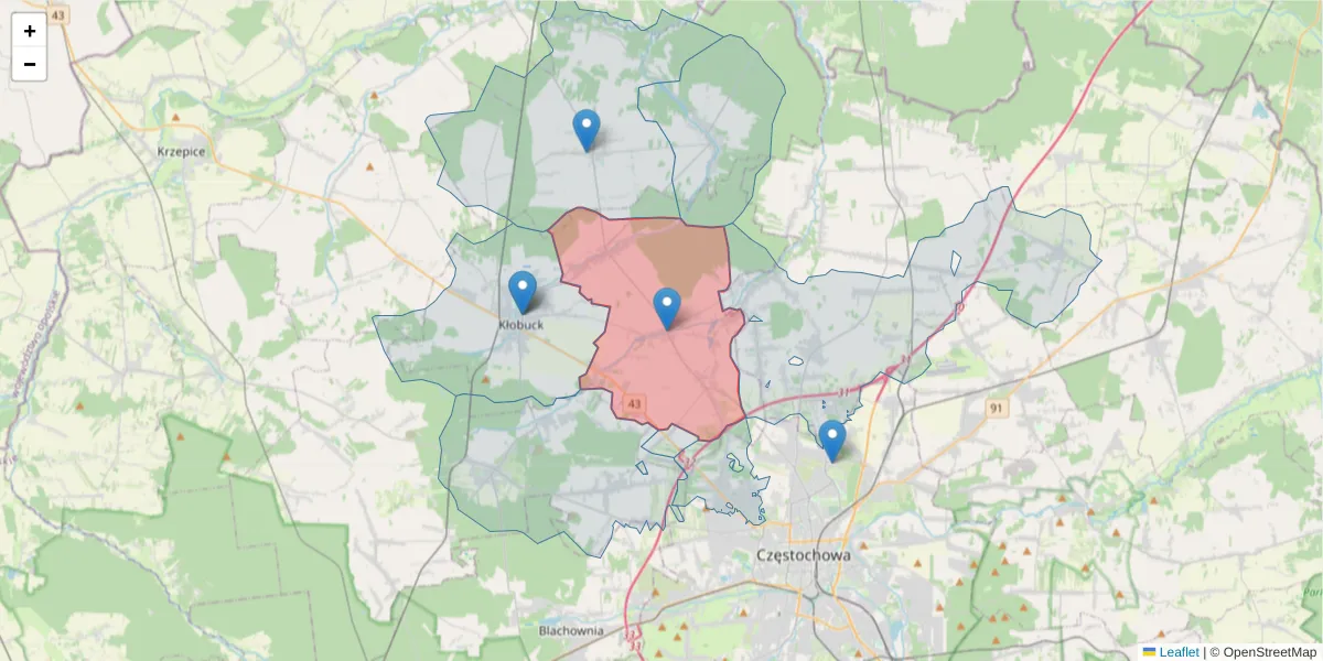 Szczegółowa mapa kodu pocztowego 42-125 z granicami, sąsiednimi kodami pocztowymi i urzędami pocztowymi