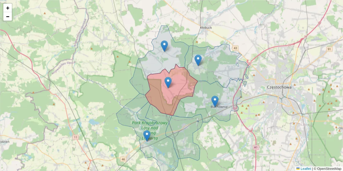 Szczegółowa mapa kodu pocztowego 42-133 z granicami, sąsiednimi kodami pocztowymi i urzędami pocztowymi