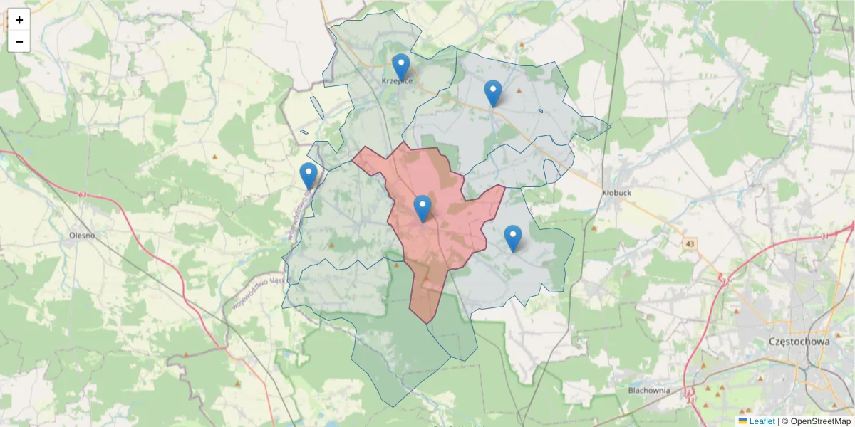Szczegółowa mapa kodu pocztowego 42-140 z granicami, sąsiednimi kodami pocztowymi i urzędami pocztowymi