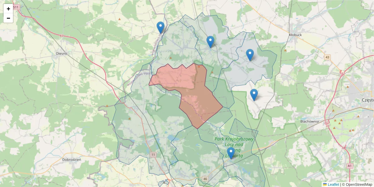 Szczegółowa mapa kodu pocztowego 42-142 z granicami, sąsiednimi kodami pocztowymi i urzędami pocztowymi