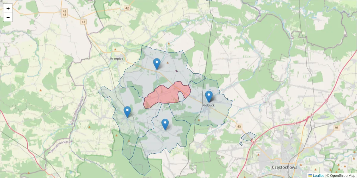 Szczegółowa mapa kodu pocztowego 42-151 z granicami, sąsiednimi kodami pocztowymi i urzędami pocztowymi