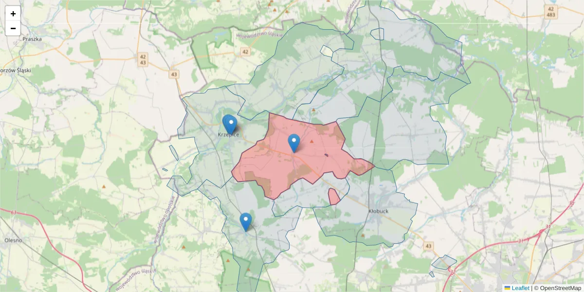 Szczegółowa mapa kodu pocztowego 42-152 z granicami, sąsiednimi kodami pocztowymi i urzędami pocztowymi