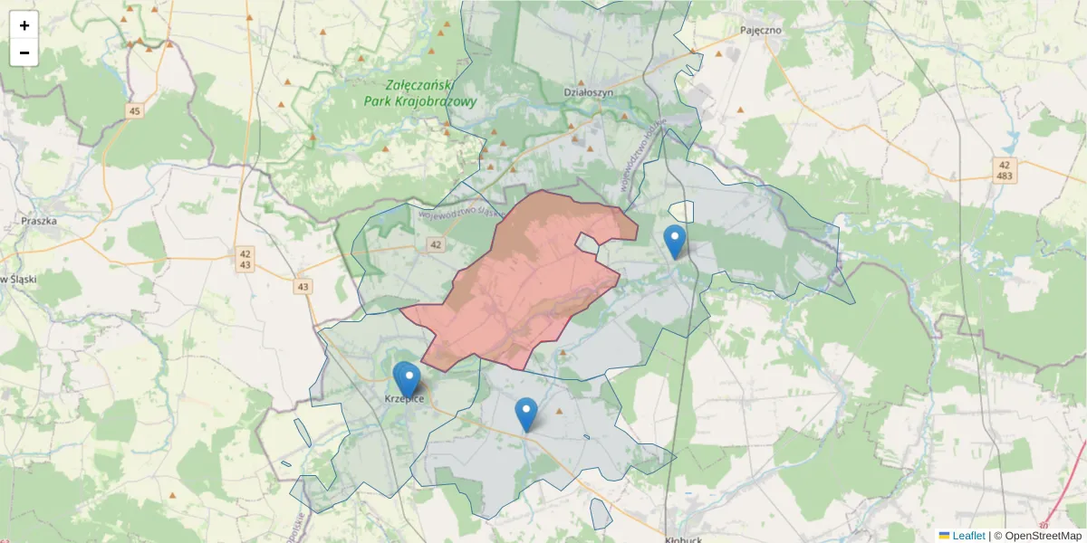 Szczegółowa mapa kodu pocztowego 42-165 z granicami, sąsiednimi kodami pocztowymi i urzędami pocztowymi