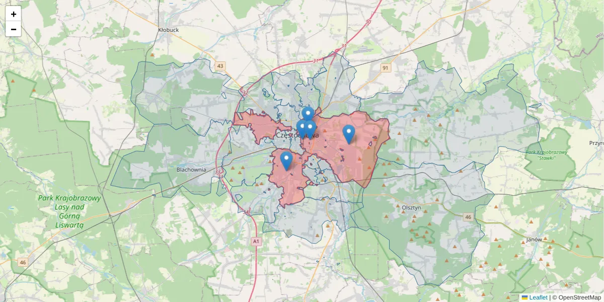 Szczegółowa mapa kodu pocztowego 42-202 z granicami, sąsiednimi kodami pocztowymi i urzędami pocztowymi