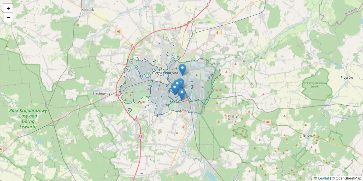 Szczegółowa mapa kodu pocztowego 42-207 z granicami, sąsiednimi kodami pocztowymi i urzędami pocztowymi