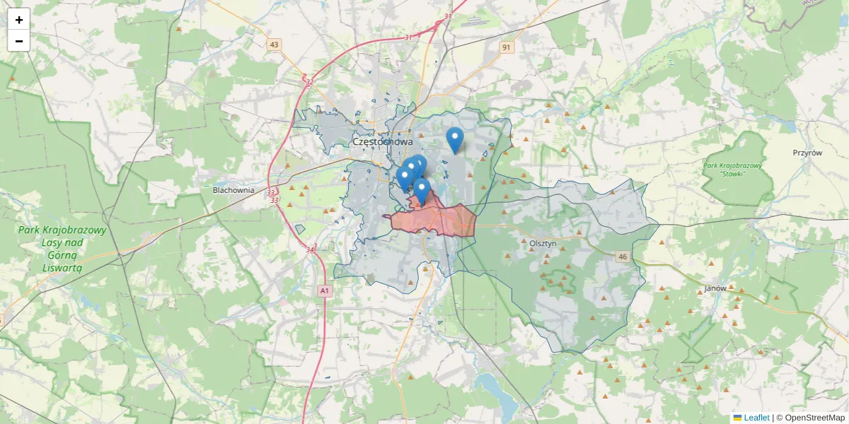 Szczegółowa mapa kodu pocztowego 42-208 z granicami, sąsiednimi kodami pocztowymi i urzędami pocztowymi