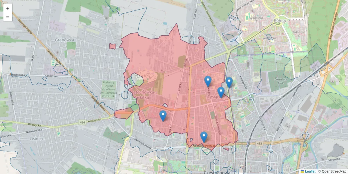 Szczegółowa mapa kodu pocztowego 42-218 z granicami, sąsiednimi kodami pocztowymi i urzędami pocztowymi