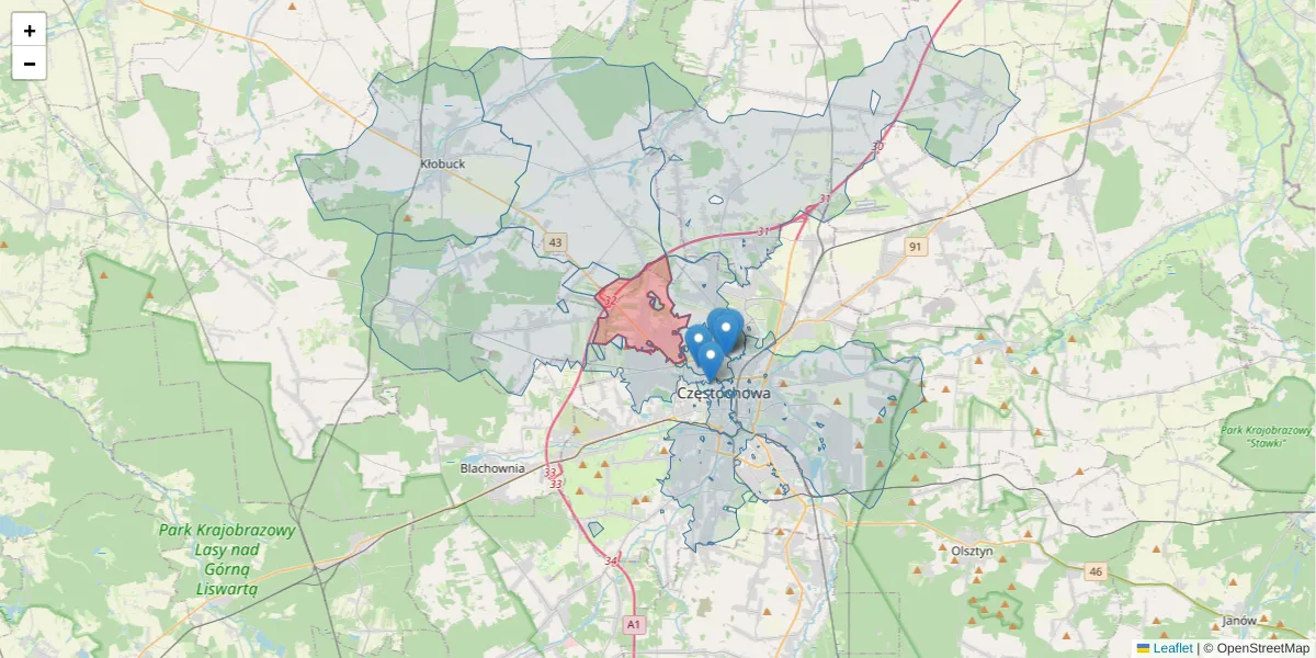 Szczegółowa mapa kodu pocztowego 42-221 z granicami, sąsiednimi kodami pocztowymi i urzędami pocztowymi