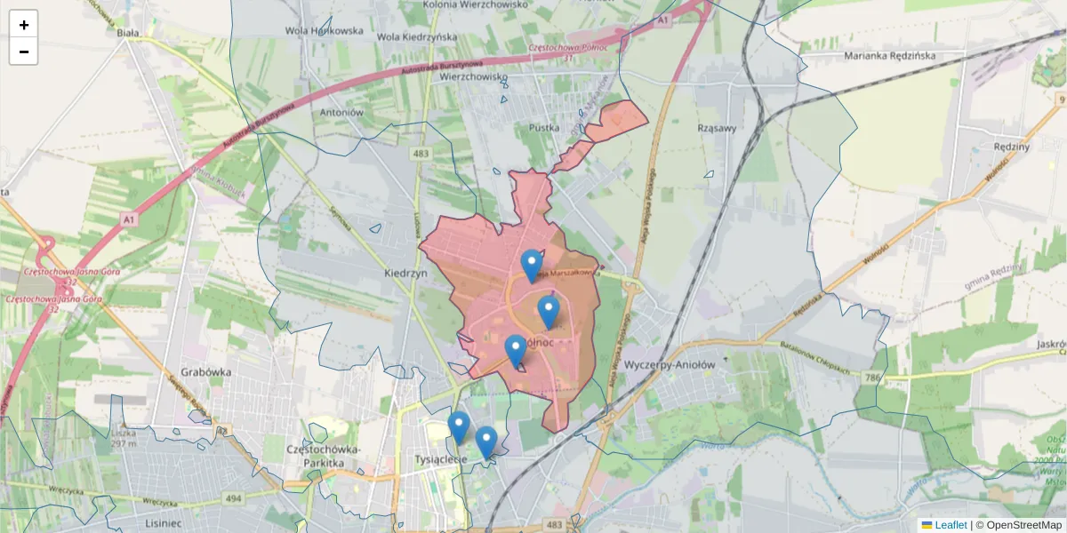 Szczegółowa mapa kodu pocztowego 42-224 z granicami, sąsiednimi kodami pocztowymi i urzędami pocztowymi