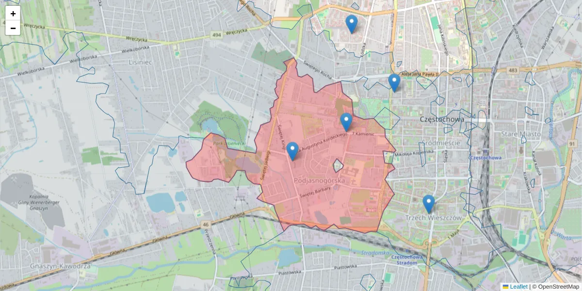 Szczegółowa mapa kodu pocztowego 42-226 z granicami, sąsiednimi kodami pocztowymi i urzędami pocztowymi