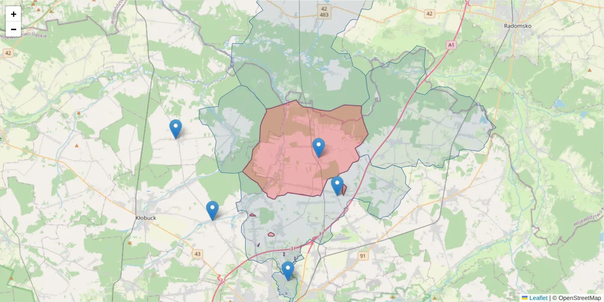 Szczegółowa mapa kodu pocztowego 42-231 z granicami, sąsiednimi kodami pocztowymi i urzędami pocztowymi