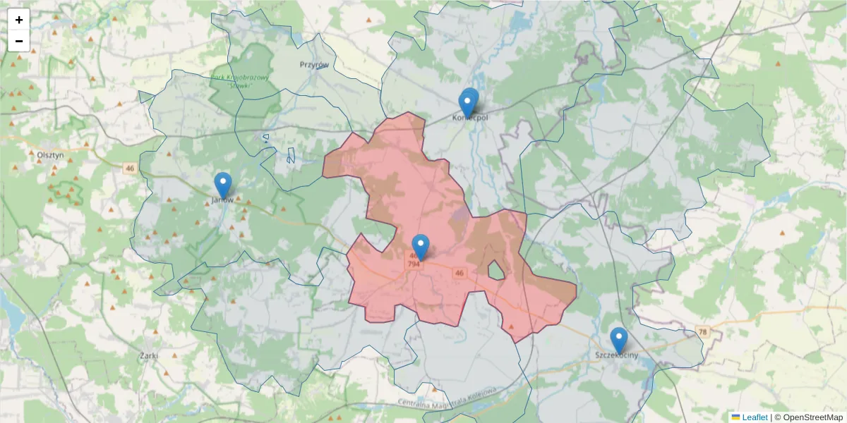 Szczegółowa mapa kodu pocztowego 42-235 z granicami, sąsiednimi kodami pocztowymi i urzędami pocztowymi
