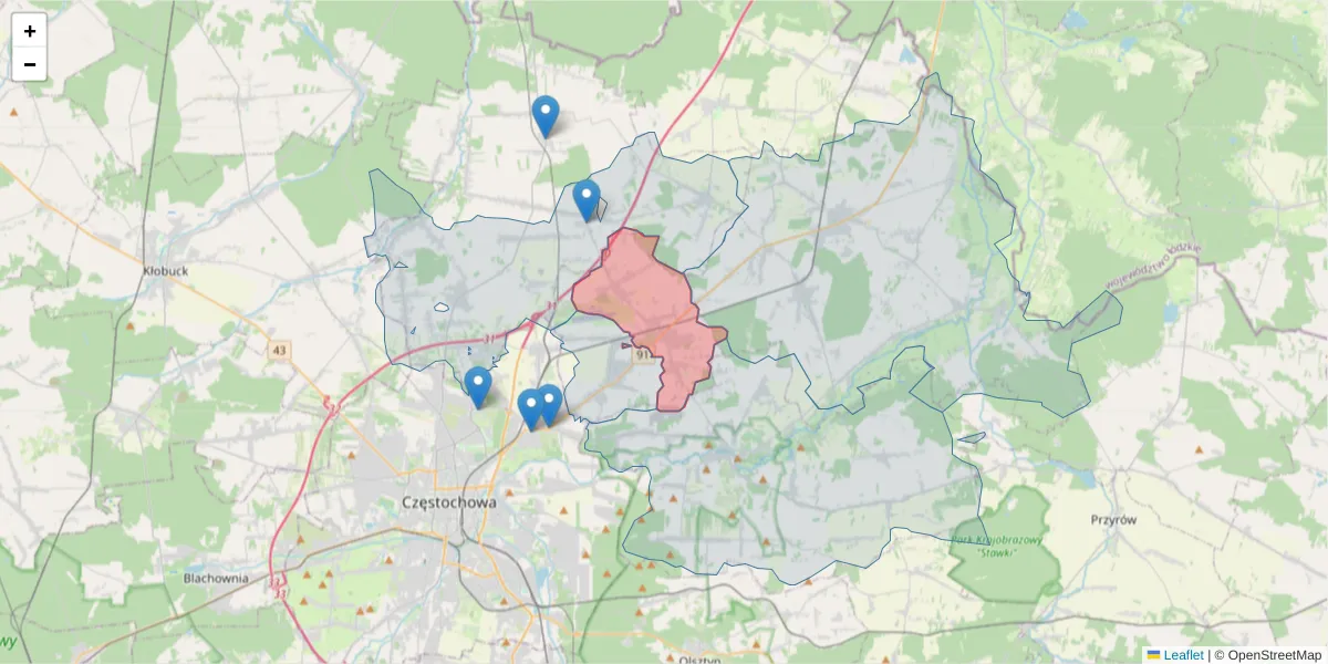 Szczegółowa mapa kodu pocztowego 42-240 z granicami, sąsiednimi kodami pocztowymi i urzędami pocztowymi