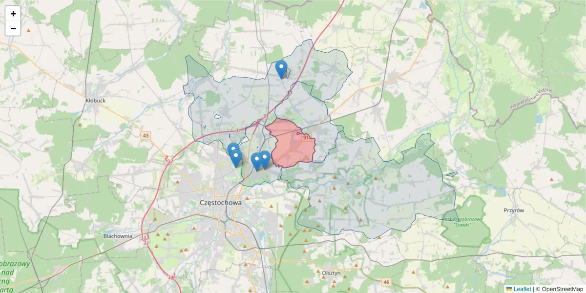 Szczegółowa mapa kodu pocztowego 42-242 z granicami, sąsiednimi kodami pocztowymi i urzędami pocztowymi