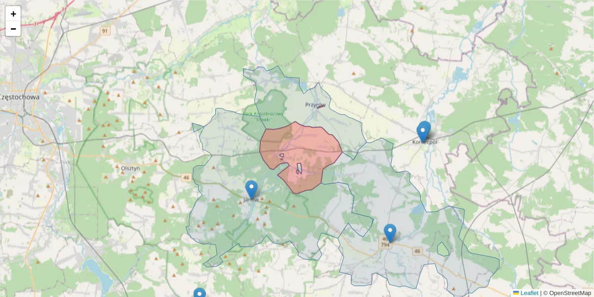 Szczegółowa mapa kodu pocztowego 42-250 z granicami, sąsiednimi kodami pocztowymi i urzędami pocztowymi