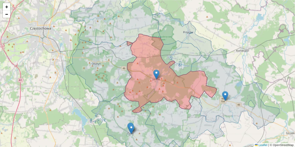 Szczegółowa mapa kodu pocztowego 42-253 z granicami, sąsiednimi kodami pocztowymi i urzędami pocztowymi