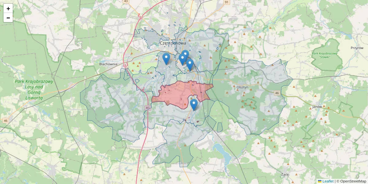 Szczegółowa mapa kodu pocztowego 42-263 z granicami, sąsiednimi kodami pocztowymi i urzędami pocztowymi