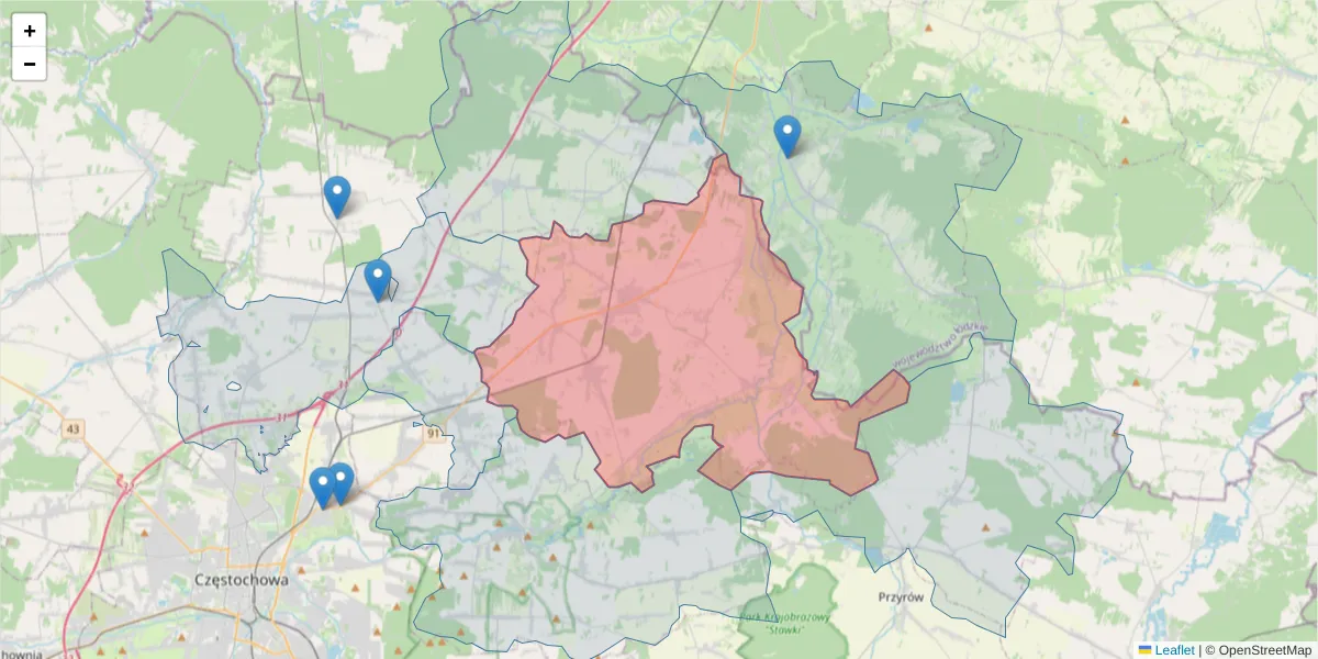 Szczegółowa mapa kodu pocztowego 42-270 z granicami, sąsiednimi kodami pocztowymi i urzędami pocztowymi
