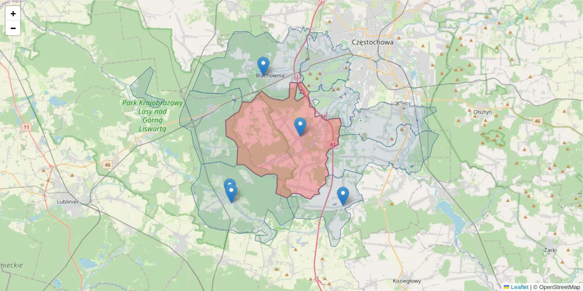 Szczegółowa mapa kodu pocztowego 42-274 z granicami, sąsiednimi kodami pocztowymi i urzędami pocztowymi