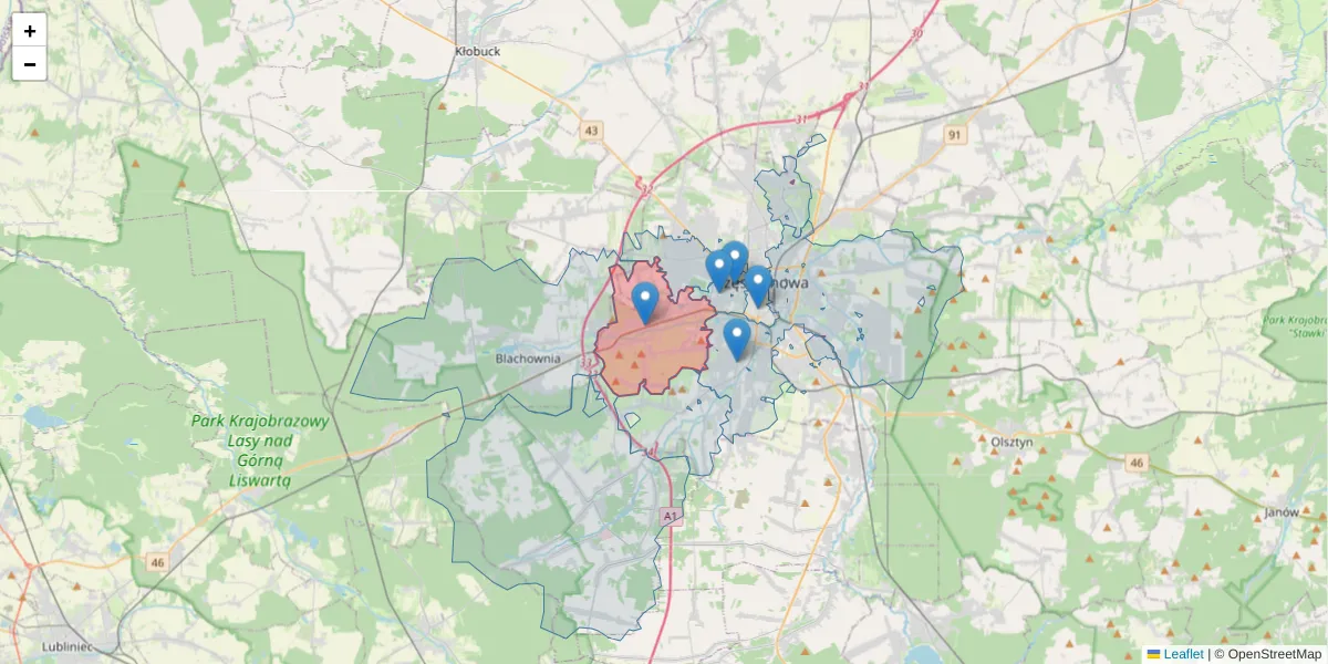 Szczegółowa mapa kodu pocztowego 42-280 z granicami, sąsiednimi kodami pocztowymi i urzędami pocztowymi