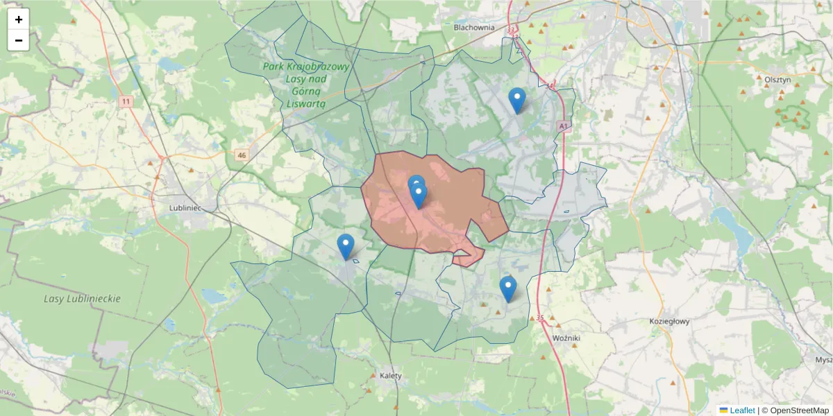 Szczegółowa mapa kodu pocztowego 42-283 z granicami, sąsiednimi kodami pocztowymi i urzędami pocztowymi