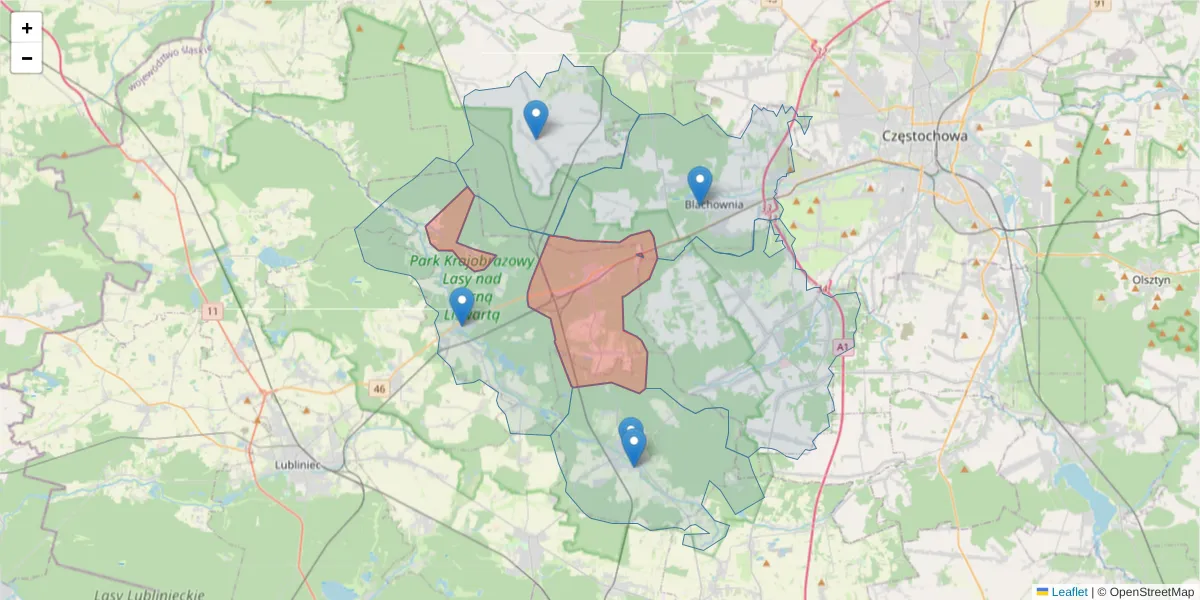 Szczegółowa mapa kodu pocztowego 42-284 z granicami, sąsiednimi kodami pocztowymi i urzędami pocztowymi