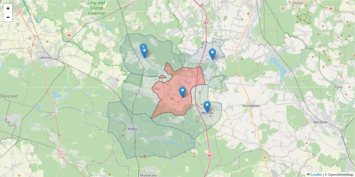Szczegółowa mapa kodu pocztowego 42-287 z granicami, sąsiednimi kodami pocztowymi i urzędami pocztowymi