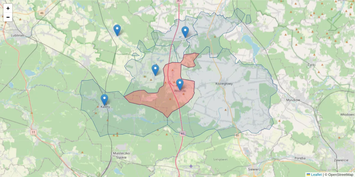 Szczegółowa mapa kodu pocztowego 42-289 z granicami, sąsiednimi kodami pocztowymi i urzędami pocztowymi
